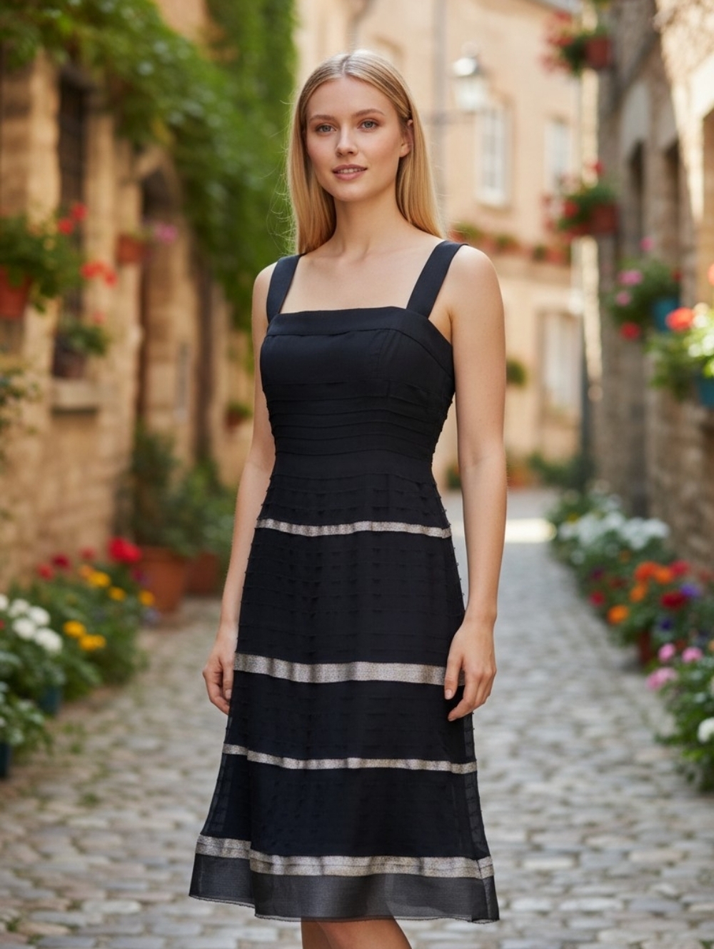 LELA ROSE Gorgeous Black Midi Dress with Silver Metallic Trim
